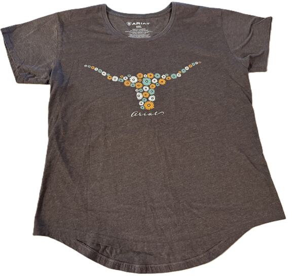 Ariat Tops - Ariat Floral Longhorn Graphic T-Shirt Women's XXL Brown Short Sleeve Western Tee